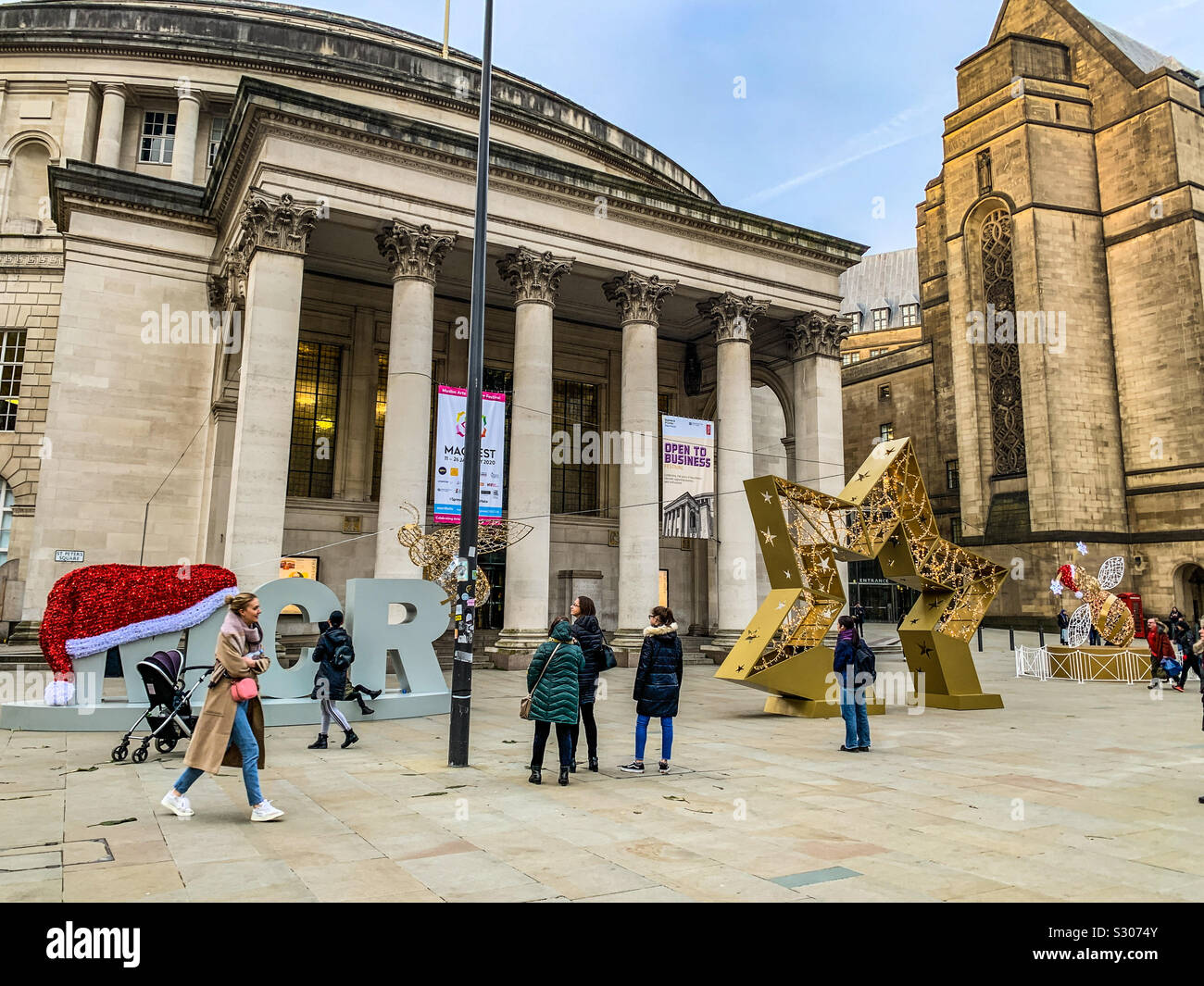 Large Manchester Christmas artworks at St. Peter’s square Stock Photo