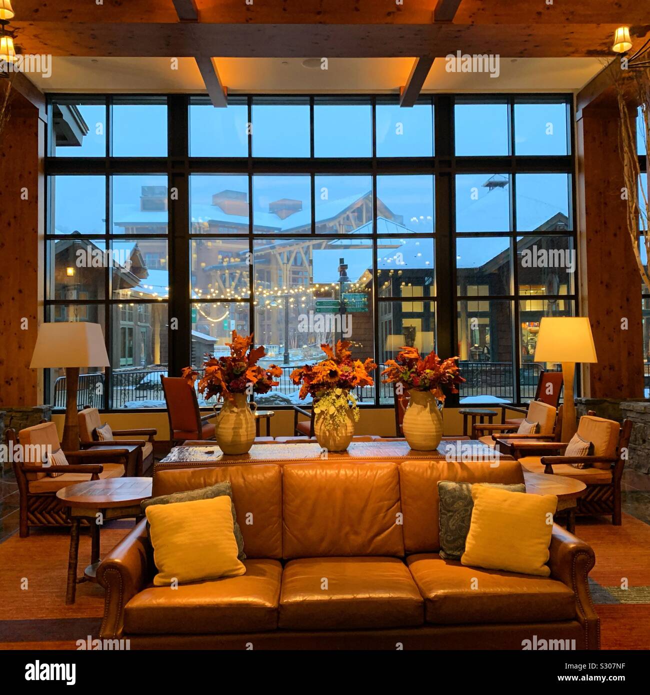 Lobby, the Lodge at Spruce Peak, formerly Stowe Mountain Resort, Stowe, Vermont, United States - Smartphone Captured Stock Image