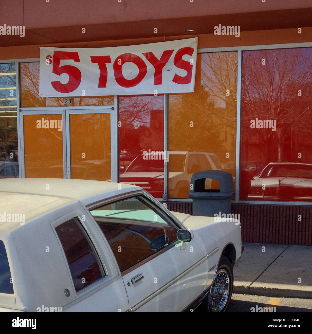 $5 toys sign, Aurora, Colorado, USA. 2013. Cheap toy store. Stock Photo