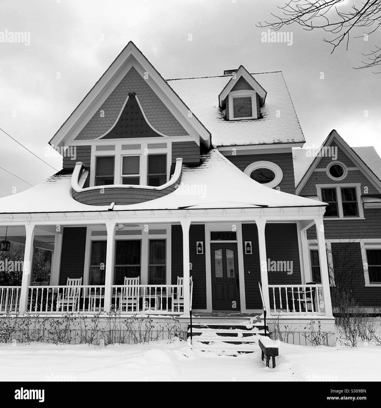 Black and white image of a home in Stowe, Vermont, United States - Smartphone Captured Stock Image
