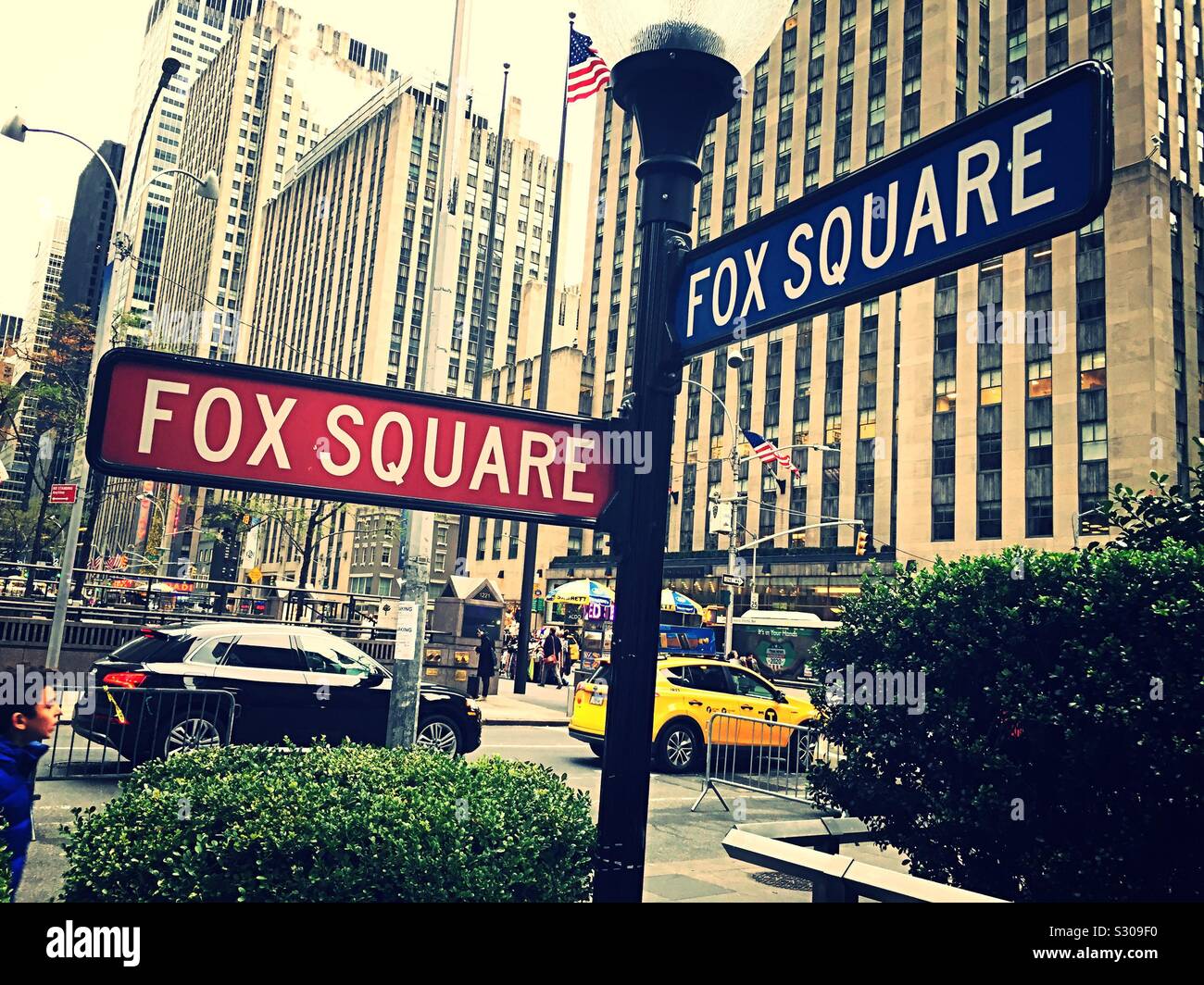 Sign post of Fox Square at Fox network studios on Avenue of the
