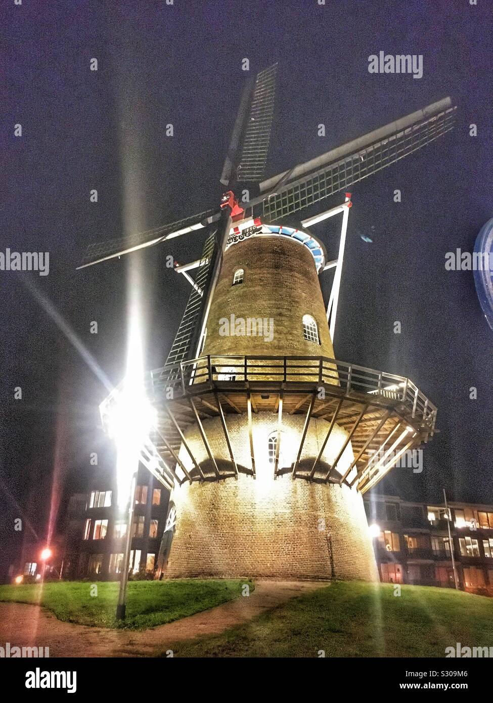 Netherlands windmill at night in Doetinchem Stock Photo
