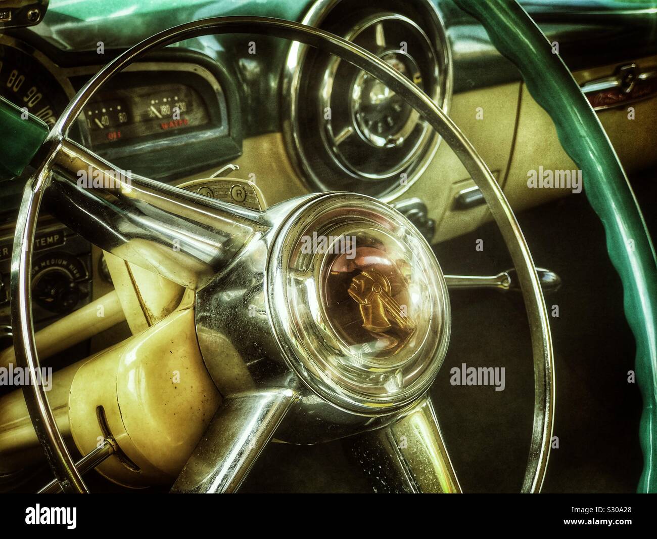 Old Pontiac Chieftain steering wheel and dashboard Stock Photo