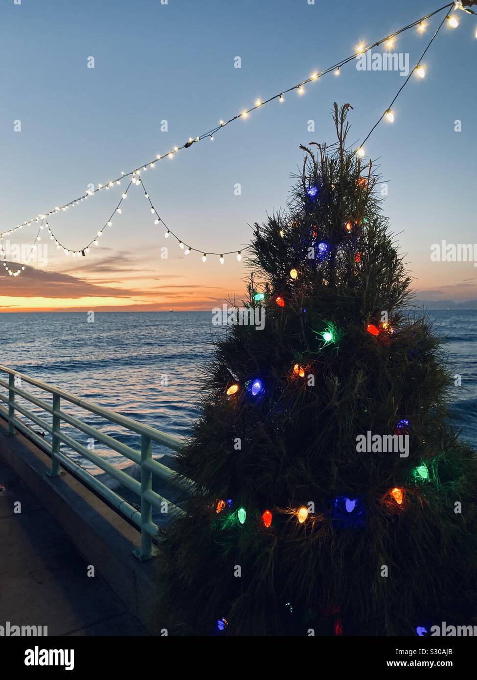 Christmas tree and holiday lights on the Manhattan Beach pier. Manhattan Beach, California, USA. - Smartphone Captured Stock Image
