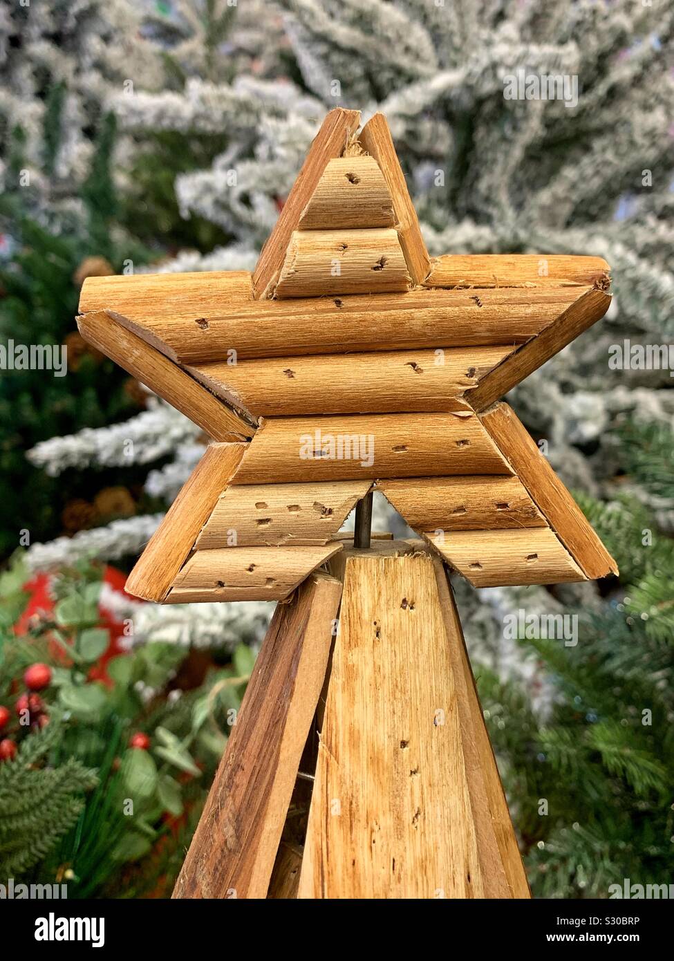 Beautiful craft wooden Christmas star with snowy pine trees on the background - Smartphone Captured Stock Image