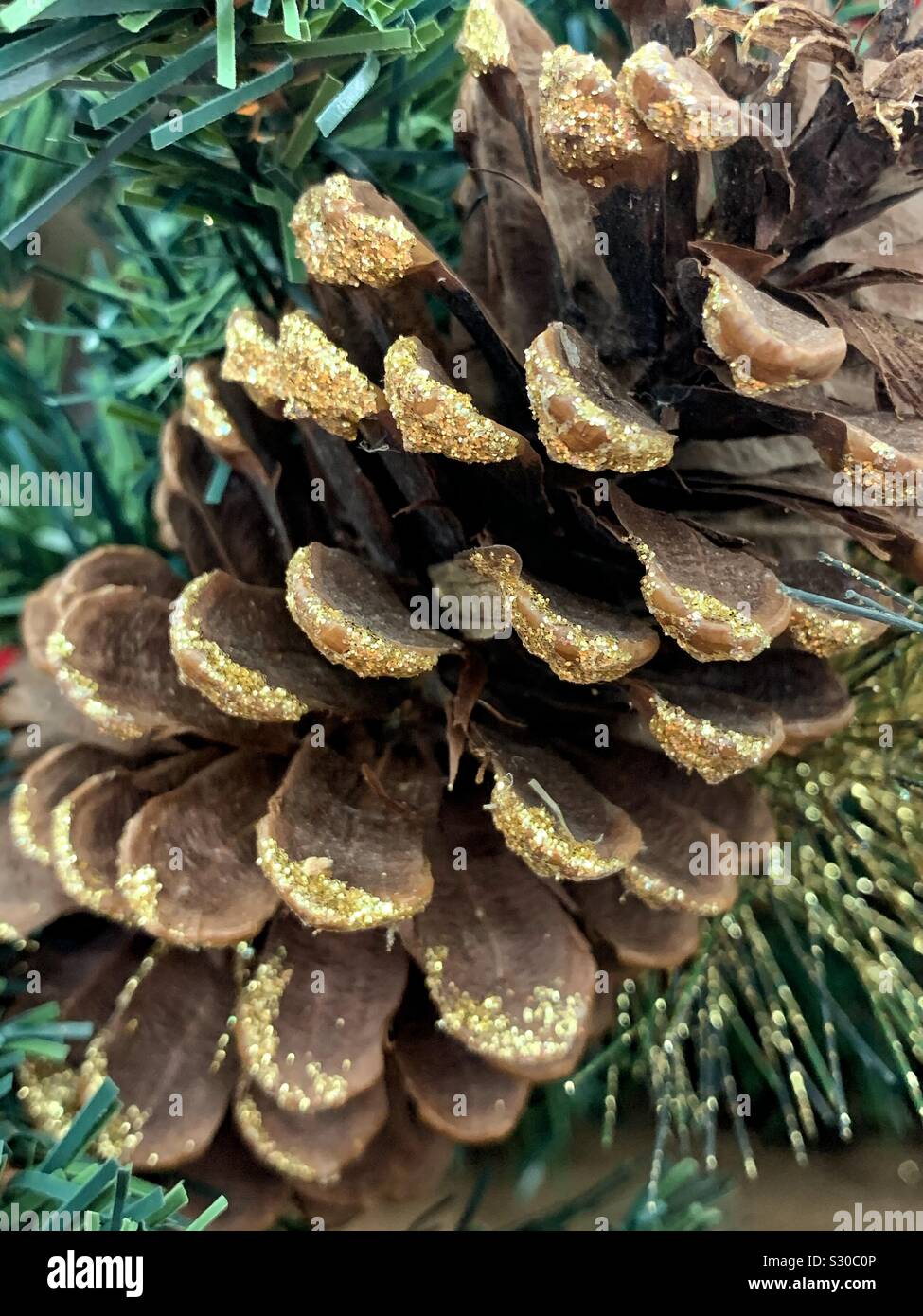 Pine cone dipped in gold glitter - Smartphone Captured Stock Image