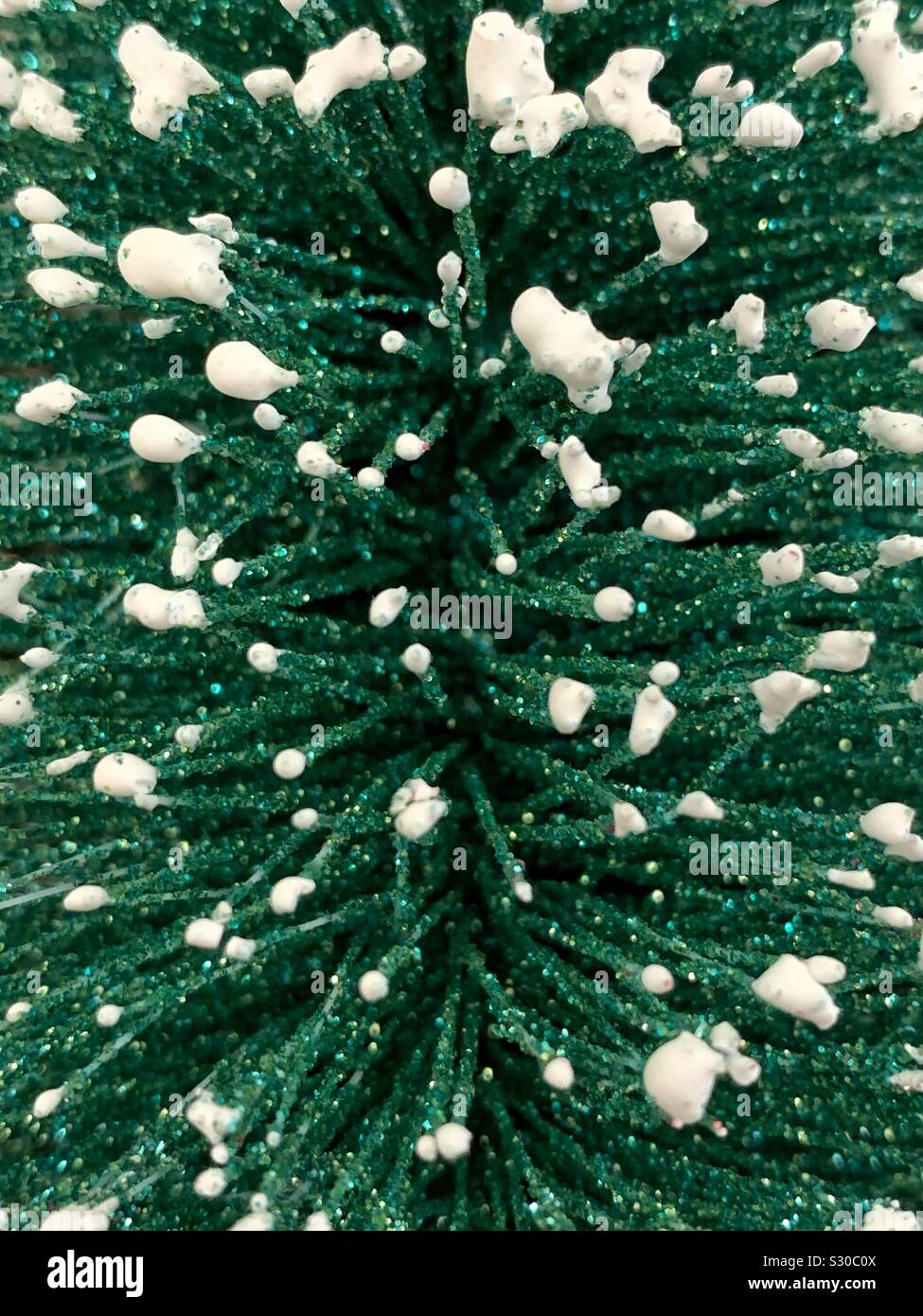 Closeup of a decorative green Christmas pine tree with dabbles of snow - Smartphone Captured Stock Image
