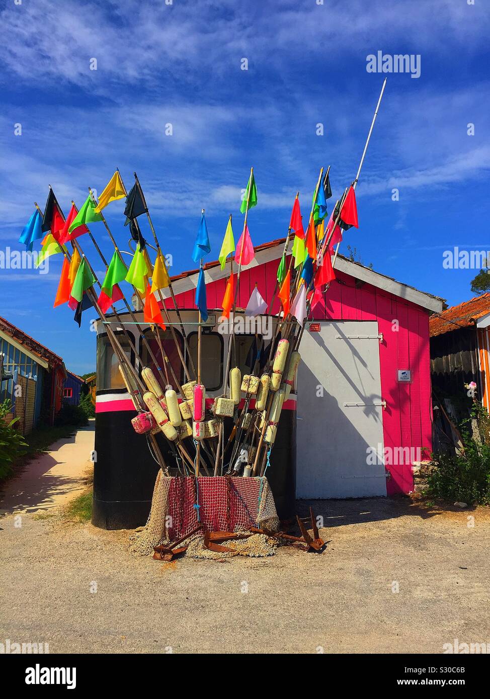 Brightly coloured huts Stock Photo