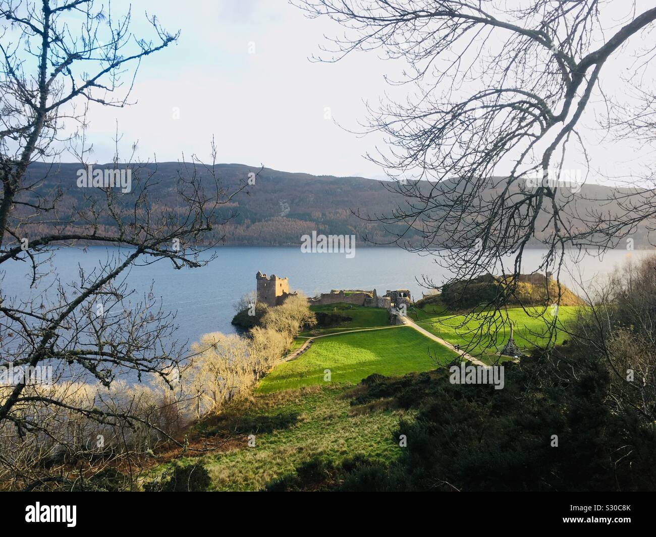Through the trees - Castle Urquhart, Loch Ness Stock Photo