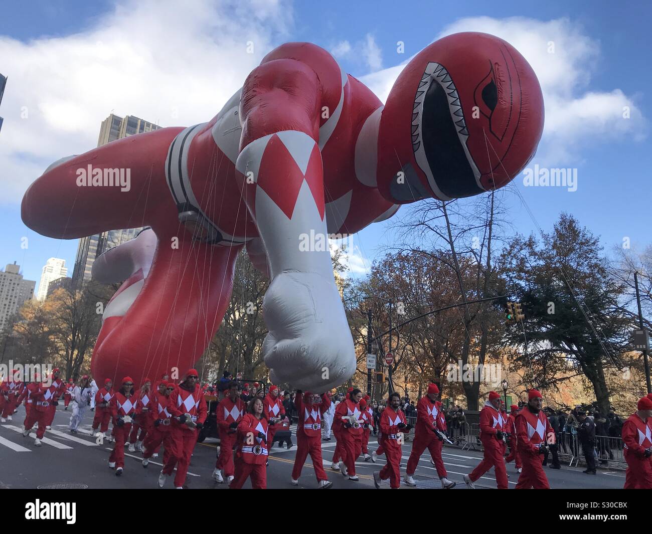 NYC, NY, USA. November 28, 2019. Power Rangers balloon flies in the Macy’s Thanksgiving Day Parade. Stock Photo
