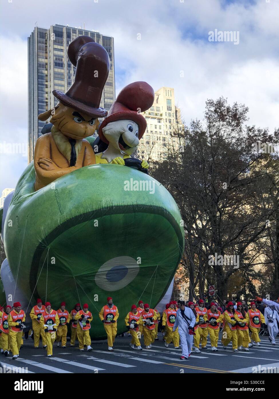 NYC, NY, USA- November 28, 2018. Cat in the Hat balloon flies in the Macy’s Thanksgiving Day Parade. - Smartphone Captured Stock Image