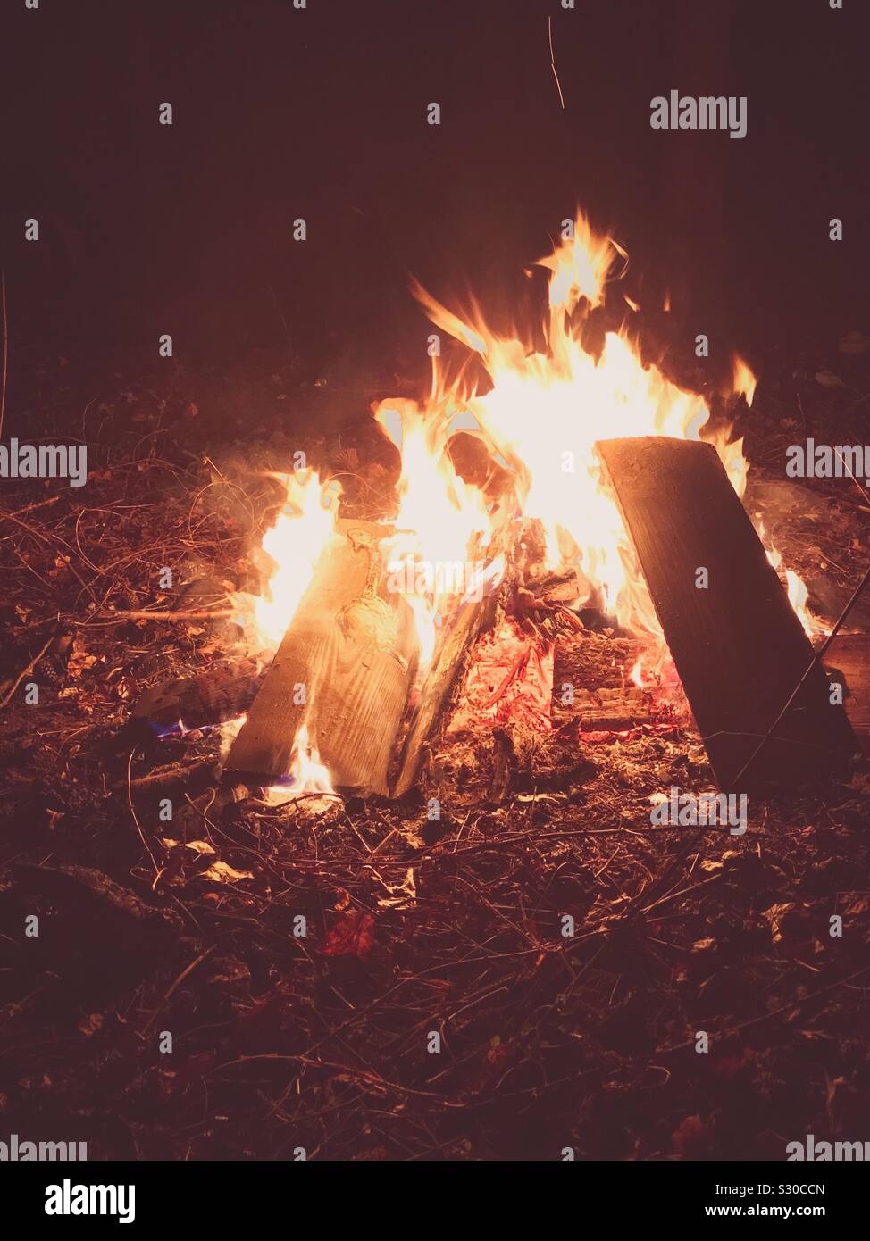 Vintage photo of nighttime bonfire - Smartphone Captured Stock Image
