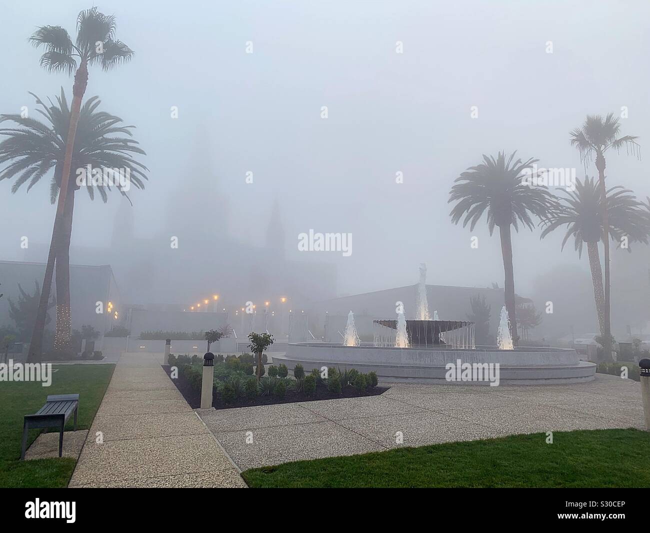 The Oakland Mormon Temple, the water fountain and the garden in the