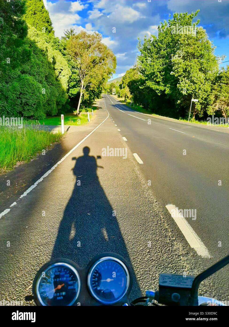 Rb, motorcycle rider shadow on the Black Spur Drive, Victoria, Australia. Stock Photo