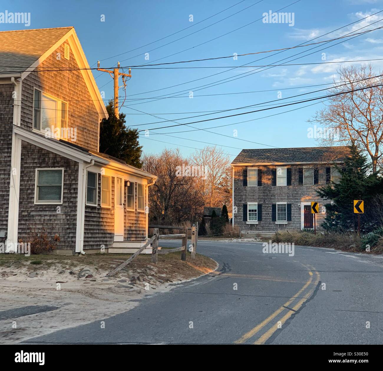 A late afternoon in November at homes near Mayflower Beach, Dennis, Cape Cod, Massachusetts, United States - Smartphone Captured Stock Image