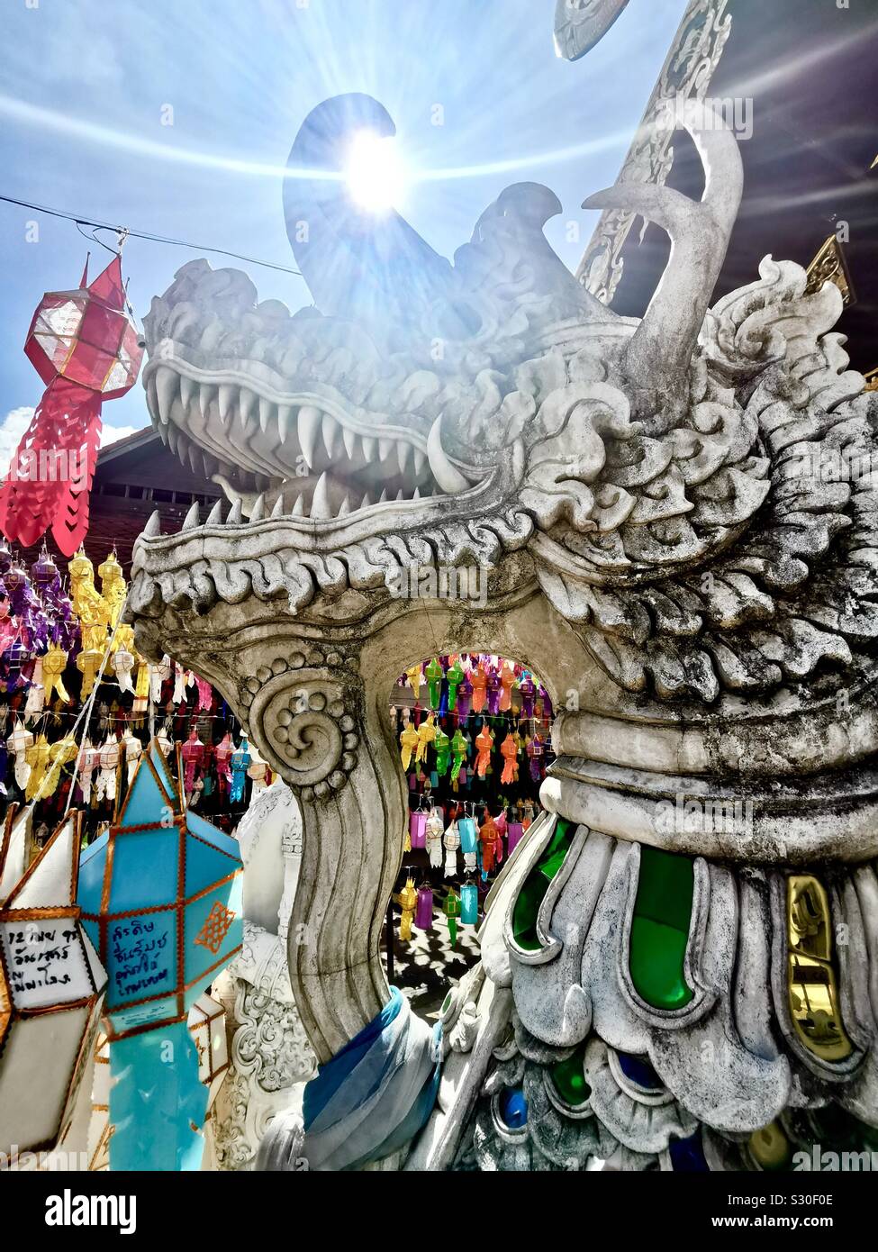 A Dragon sculpture at Wat Phantao in Chiang Mai, Thailand. - Smartphone Captured Stock Image