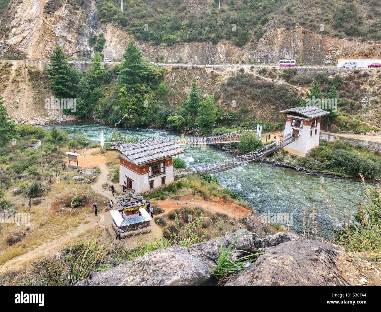 First hanging bridge in Bhutan. Stock Photo