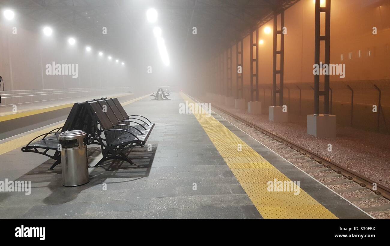 Foggy weather in train station airport Boryspil Ukraine Stock Photo