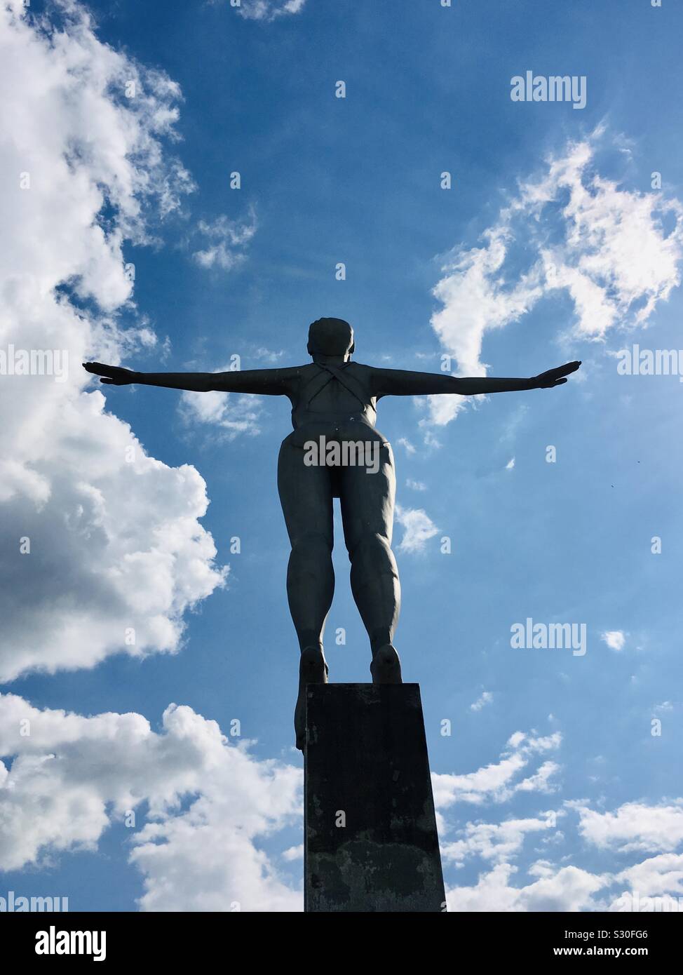 The diving belle statue on Vincent’s pier to celebrate Scarborough as being the first UK sea bathing resort, Yorkshire - Smartphone Captured Stock Image