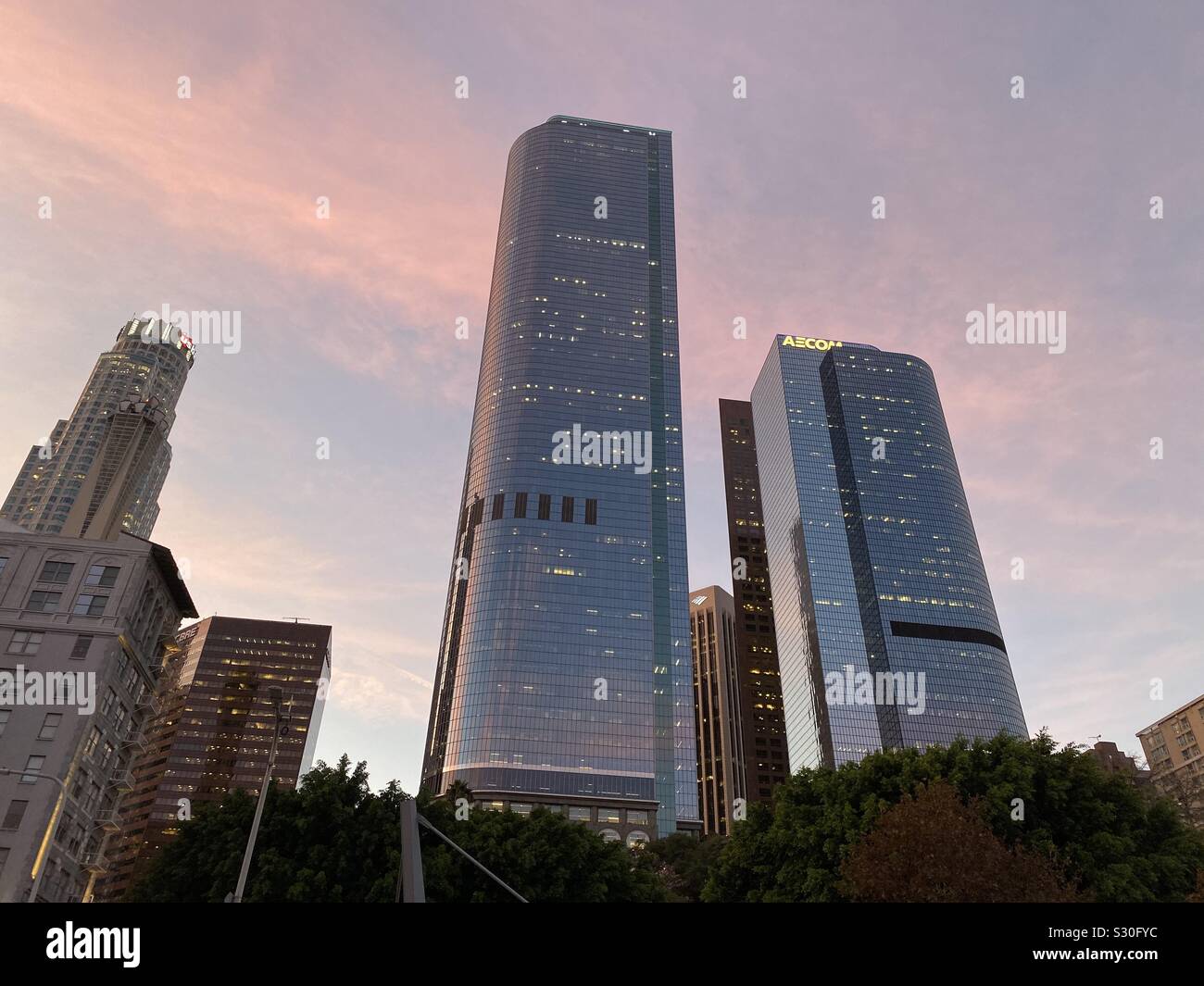 LOS ANGELES, CA, NOV 2019: skyscrapers in the Downtown Financial District at dusk - Smartphone Captured Stock Image