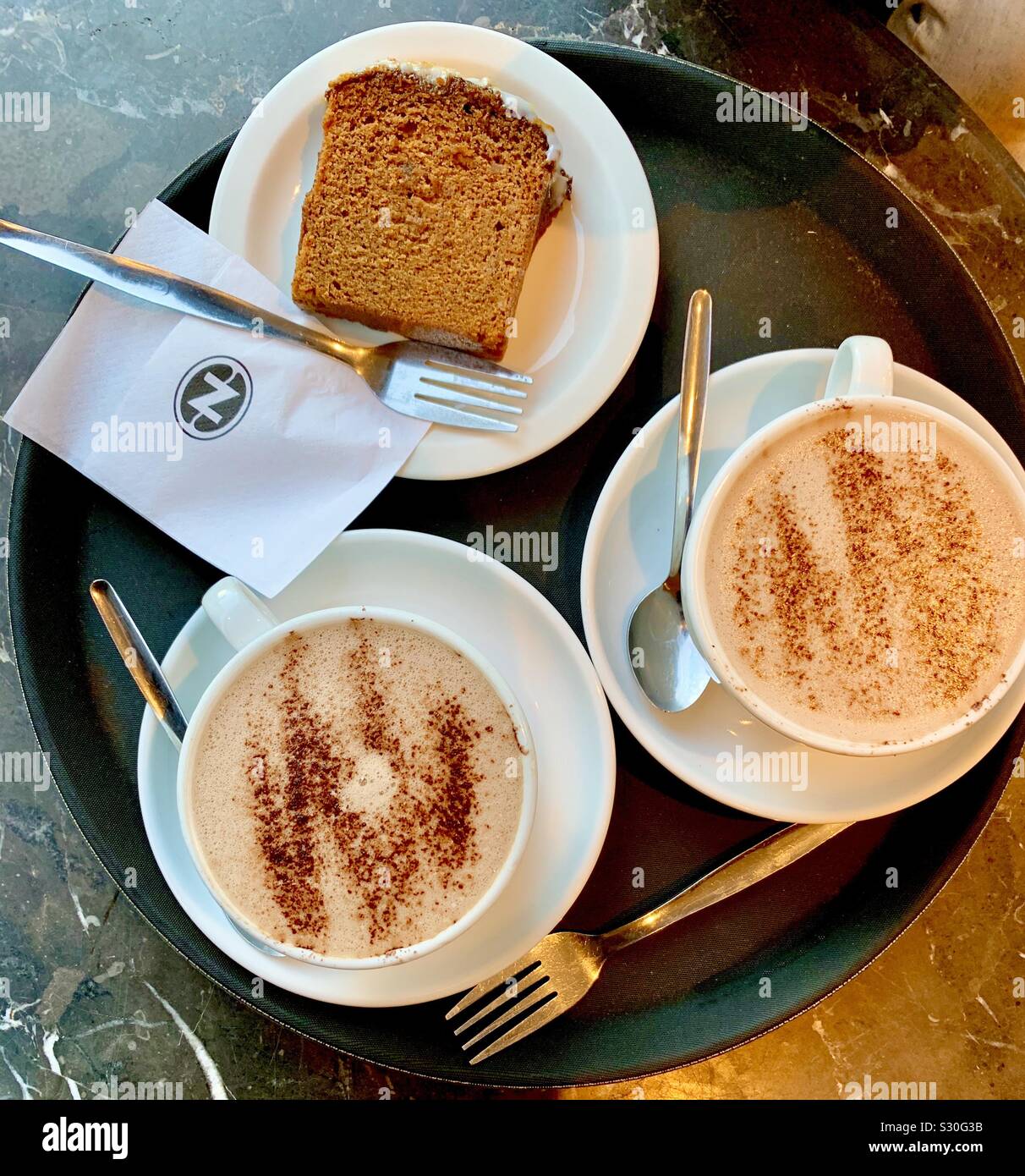 Cafe Nero vegan hot chocolate and ginger & lemon cake - Smartphone Captured Stock Image