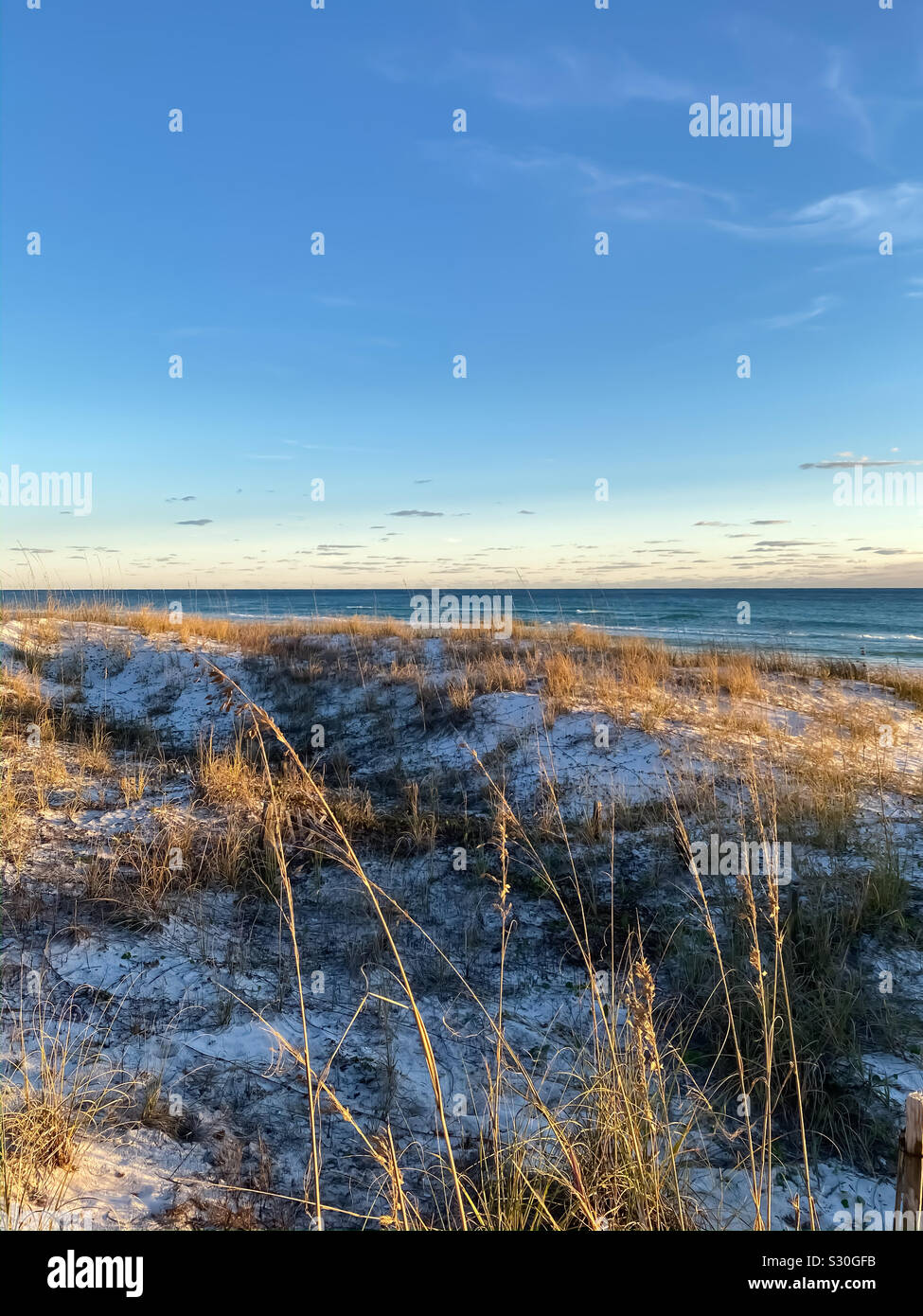 Seascape with white sand dunes and view of Gulf of Mexico water in the fall - Smartphone Captured Stock Image