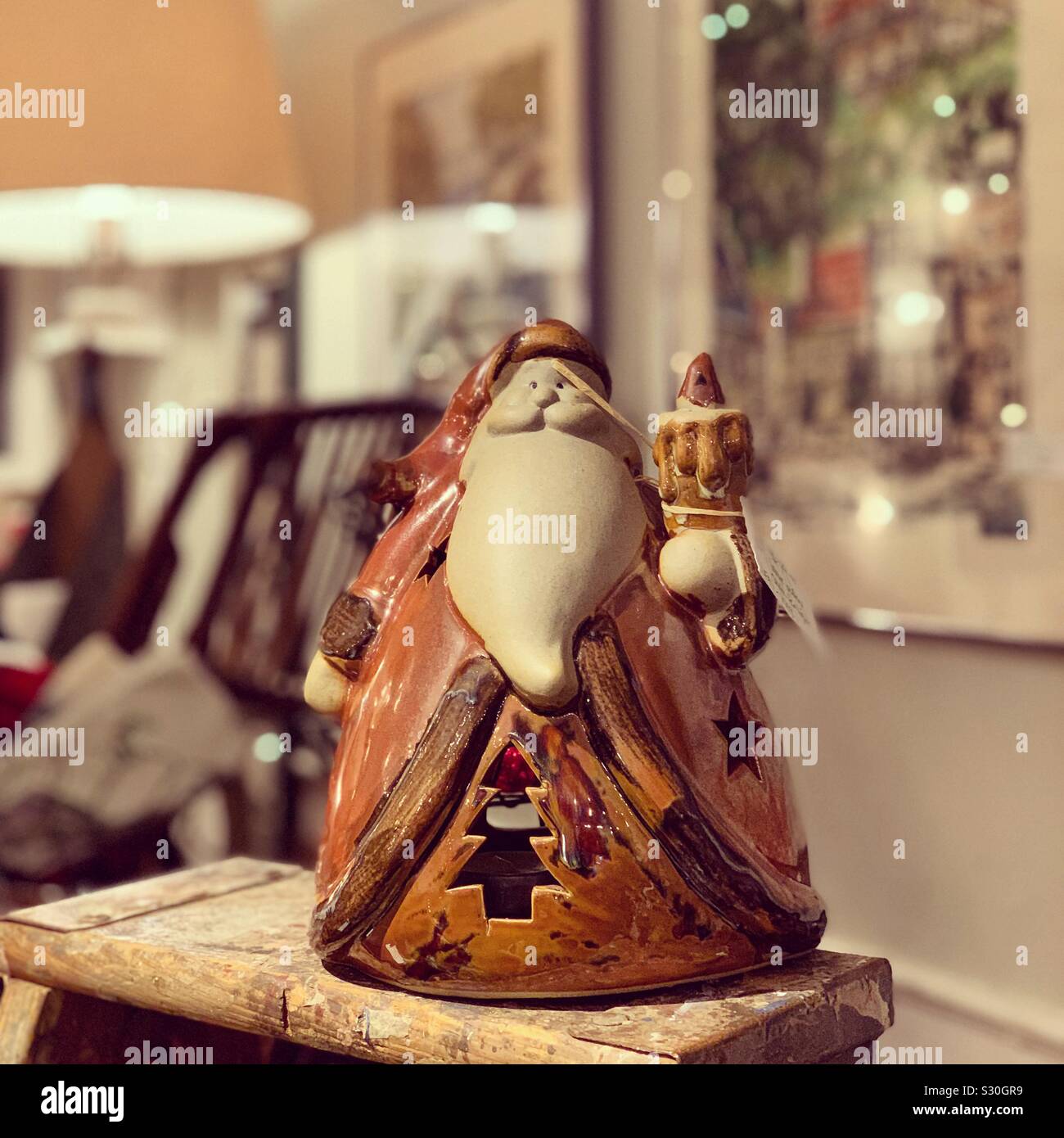 Santa figurine at Gatherings by the Sea vintage shop, Dennis, Cape Cod, Massachusetts, United States - Smartphone Captured Stock Image
