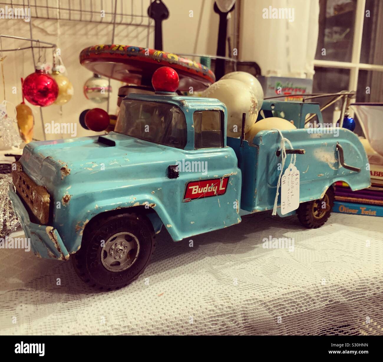 Toy truck and Christmas ornaments at Gatherings by the Sea vintage shop, Dennis, Cape Cod, Massachusetts, United States - Smartphone Captured Stock Image