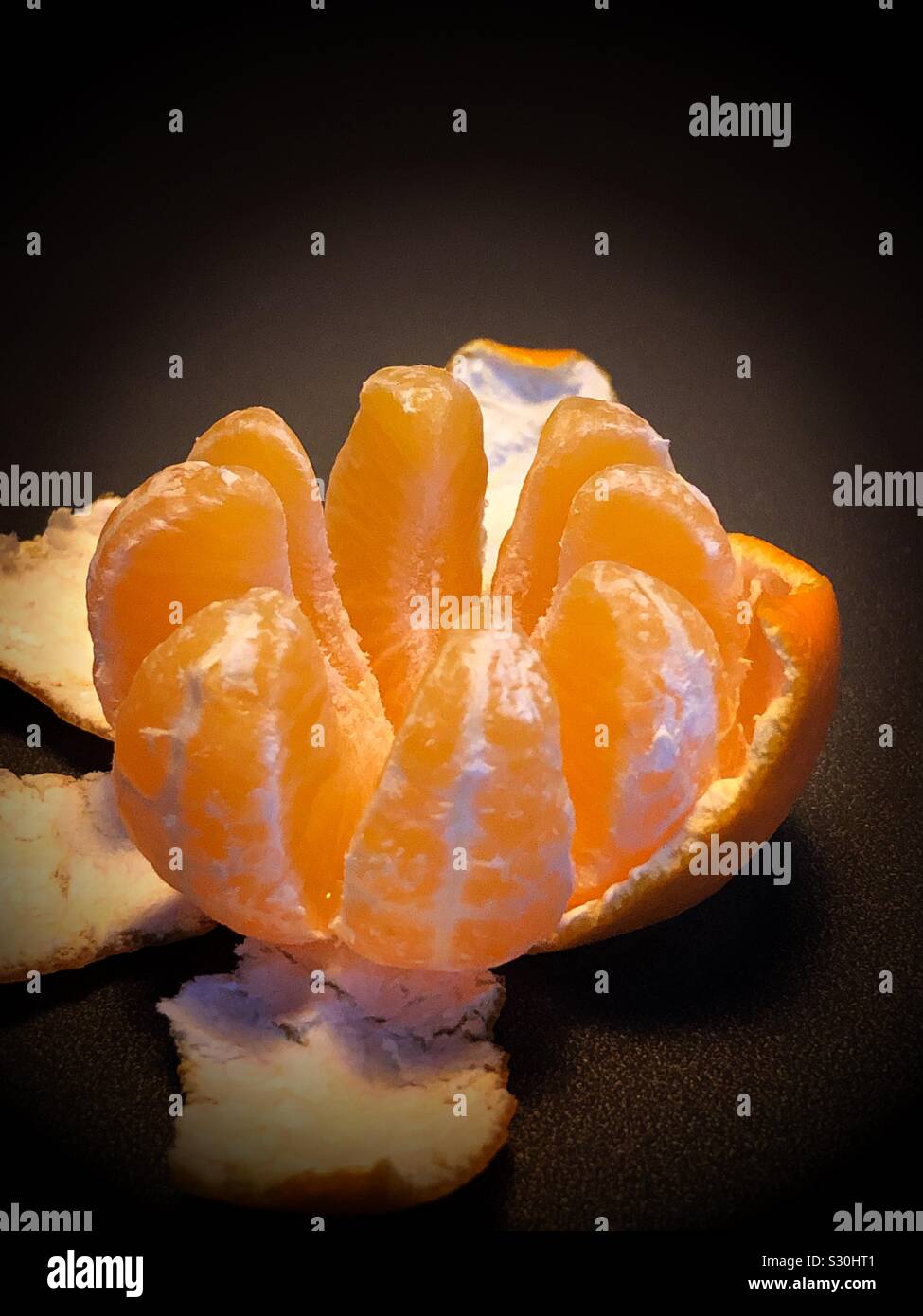 Peeled mandarin orange split into separate segments - Smartphone Captured Stock Image