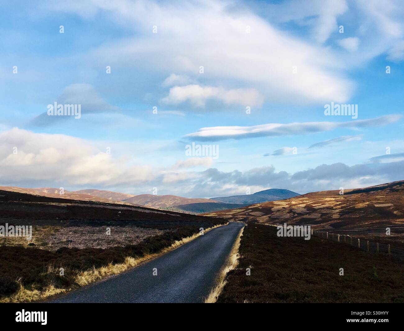 View of the Cairngorms National Park from the Old Military Road A939 between Gairnshiel Bridge and Crathie, Scotland Stock Photo
