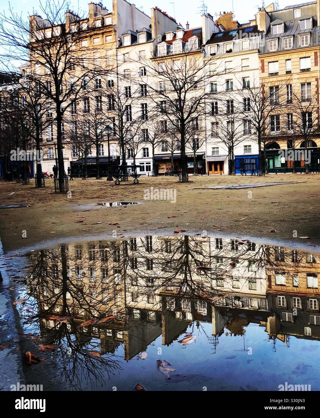 Reflect of Parisian architecture on surface of water at place Dauphine, Paris, France - Smartphone Captured Stock Image