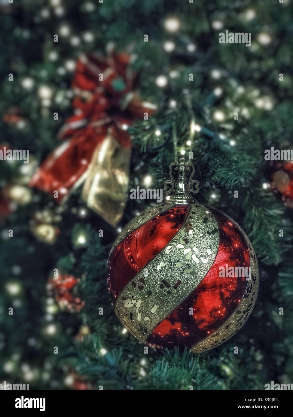 Closeup of a red and gold Christmas ornament hanging on a tree - Smartphone Captured Stock Image