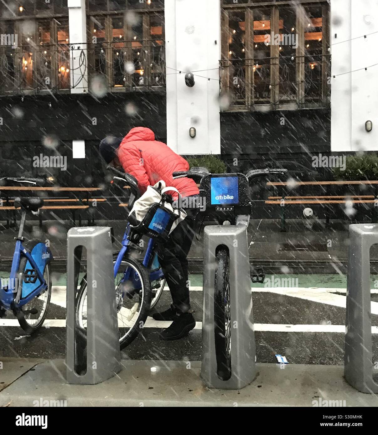 Persistence. Trying to ride a Citi bike in the snow in New York Stock Photo