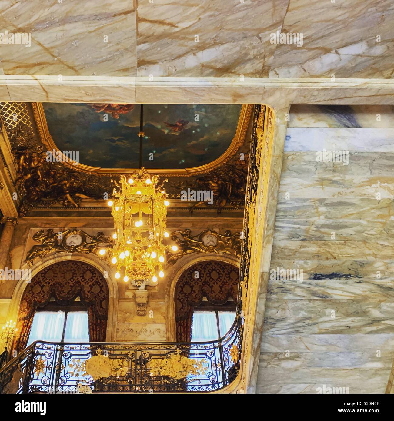 Looking up from the foyer, Marble House, Newport, Rhode Island, United States - Smartphone Captured Stock Image