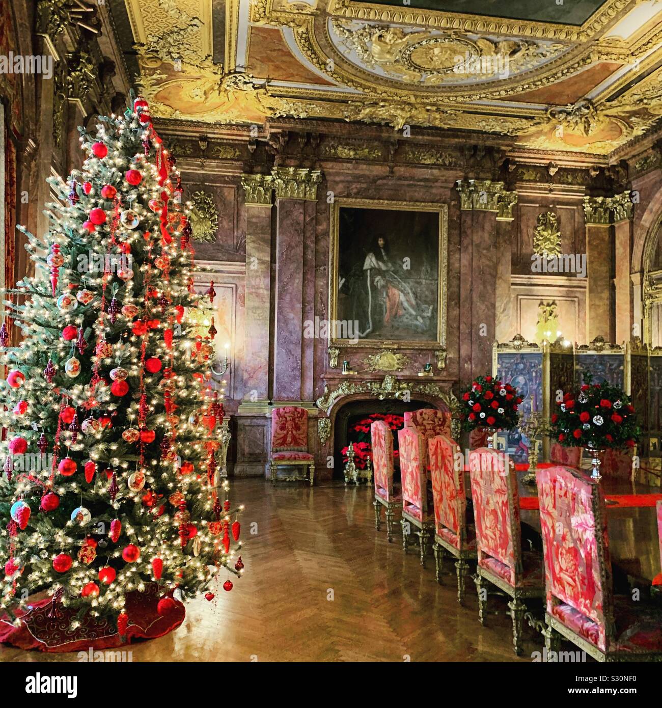 Christmas tree in the dining room at Marble House, Newport, Rhode Island, United States - Smartphone Captured Stock Image