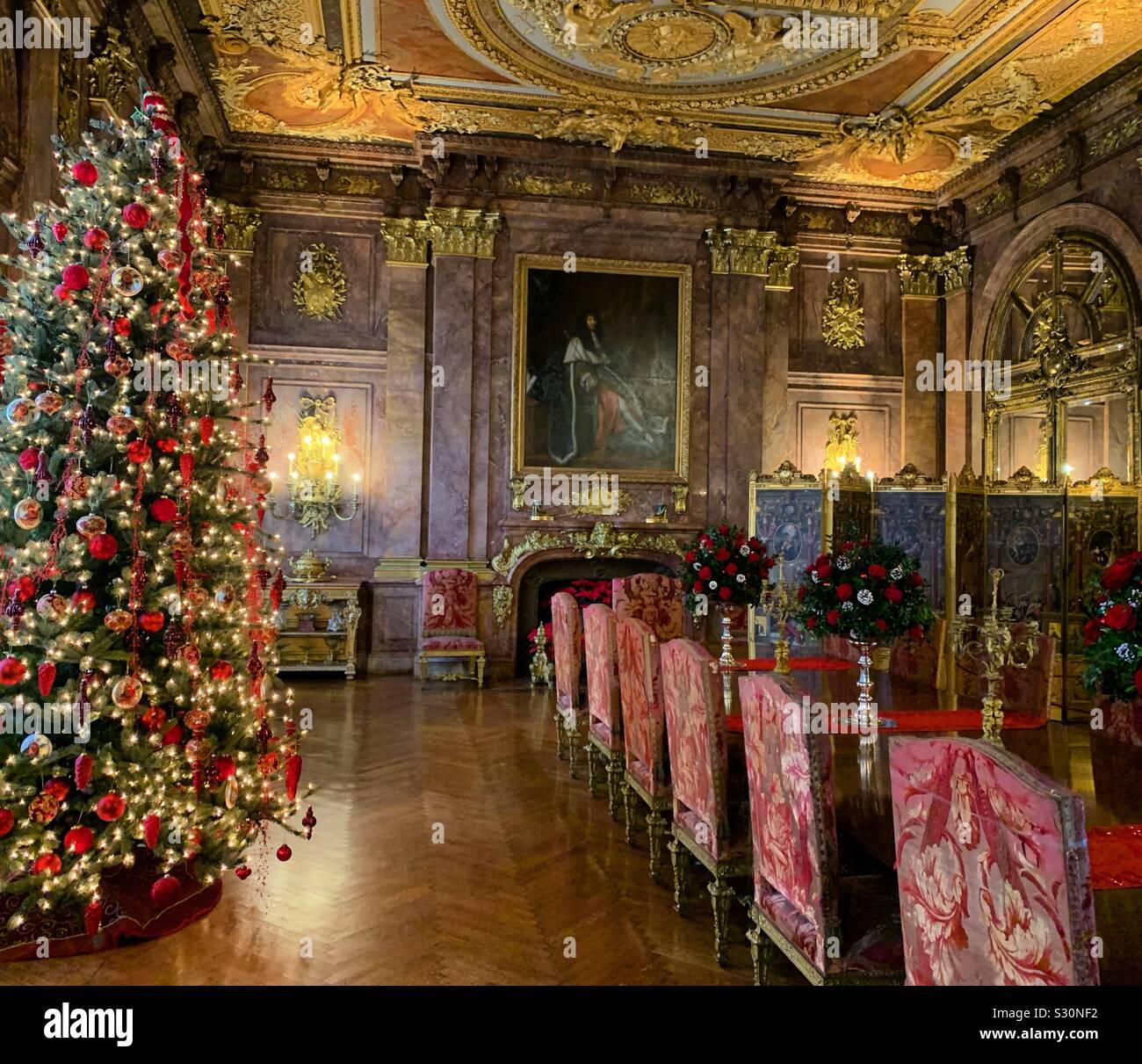 Christmas tree in the dining room at Marble House, Newport, Rhode Island, United States - Smartphone Captured Stock Image