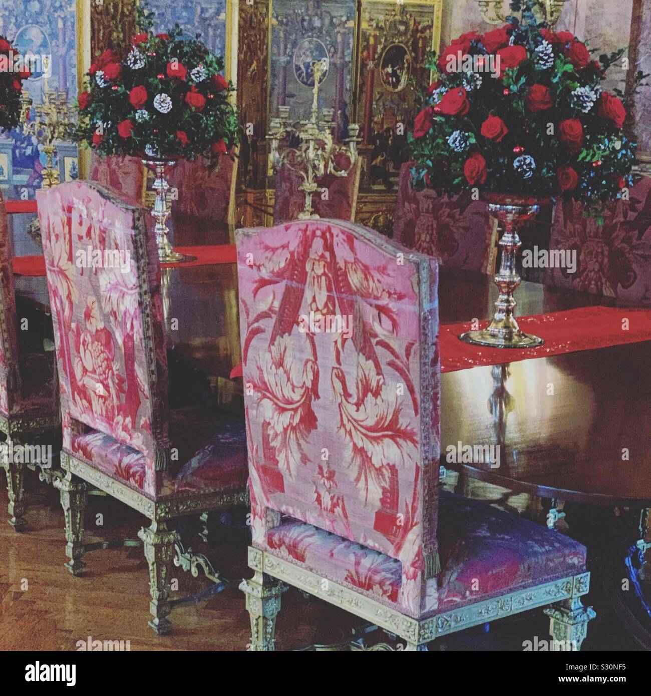 Details in the dining room decorated for the holidays, Marble House, Newport, Rhode Island, United States - Smartphone Captured Stock Image