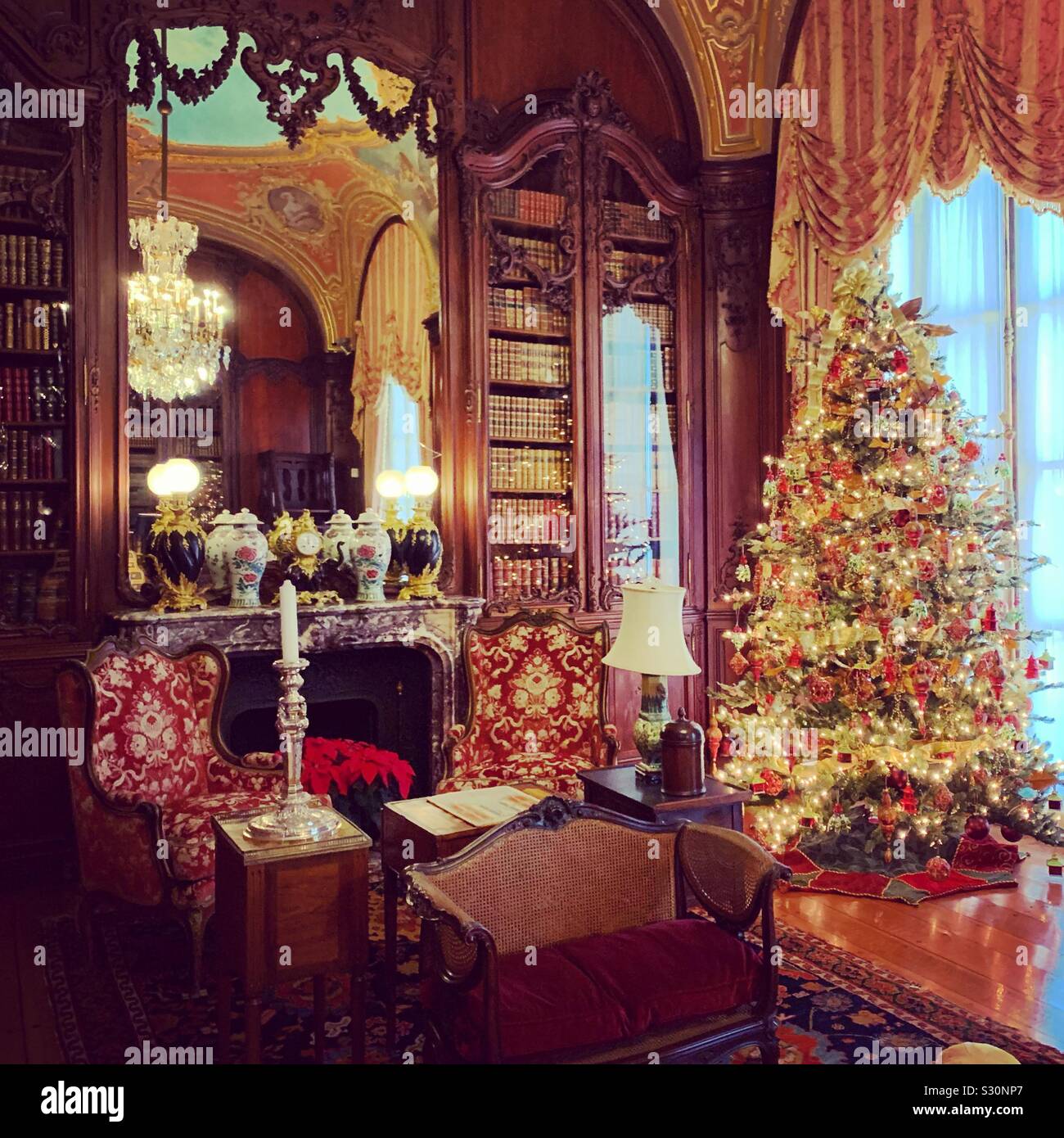 A room at Marble House decorated for the Christmas season, Newport, Rhode Island, United States - Smartphone Captured Stock Image