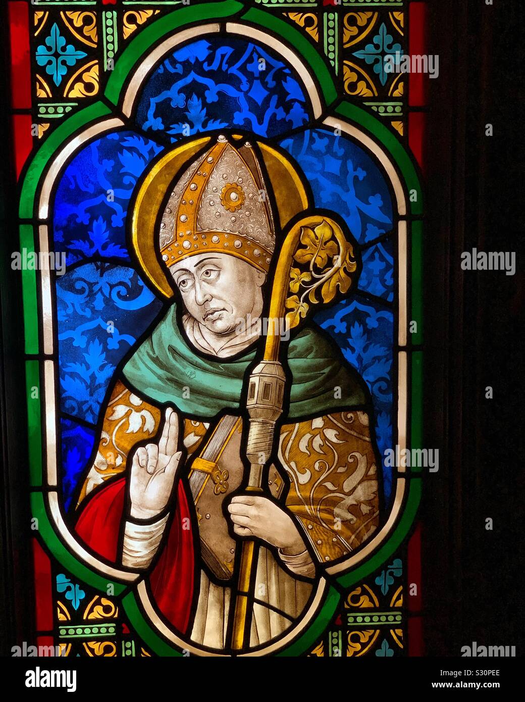 Stained glass panel in the Gothic Room, Marble House, Newport, Rhode Island, United States - Smartphone Captured Stock Image