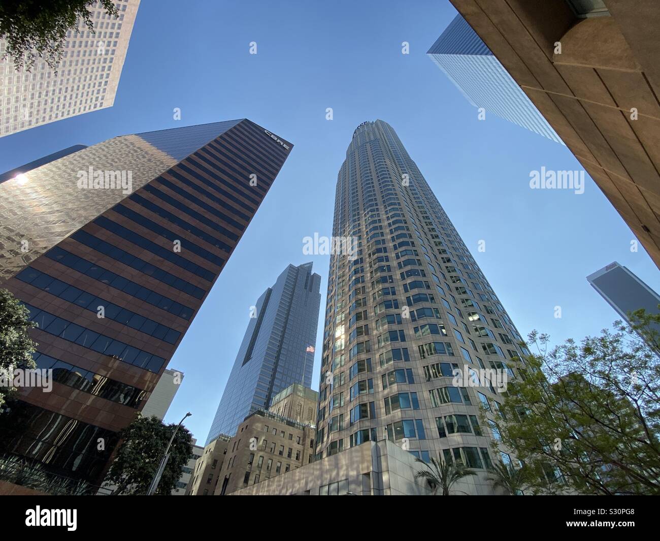LOS ANGELES, CA, NOV 2019: looking up at the US Bank Tower and other nearby skyscrapers in the Financial District of Downtown - Smartphone Captured Stock Image