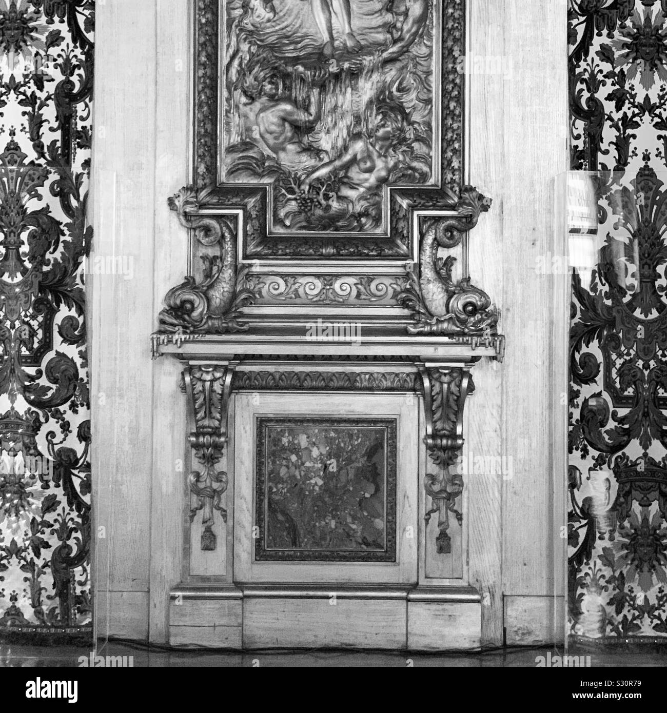 Black and white image of interior decor details at Marble House, Newport, Rhode Island, United States - Smartphone Captured Stock Image