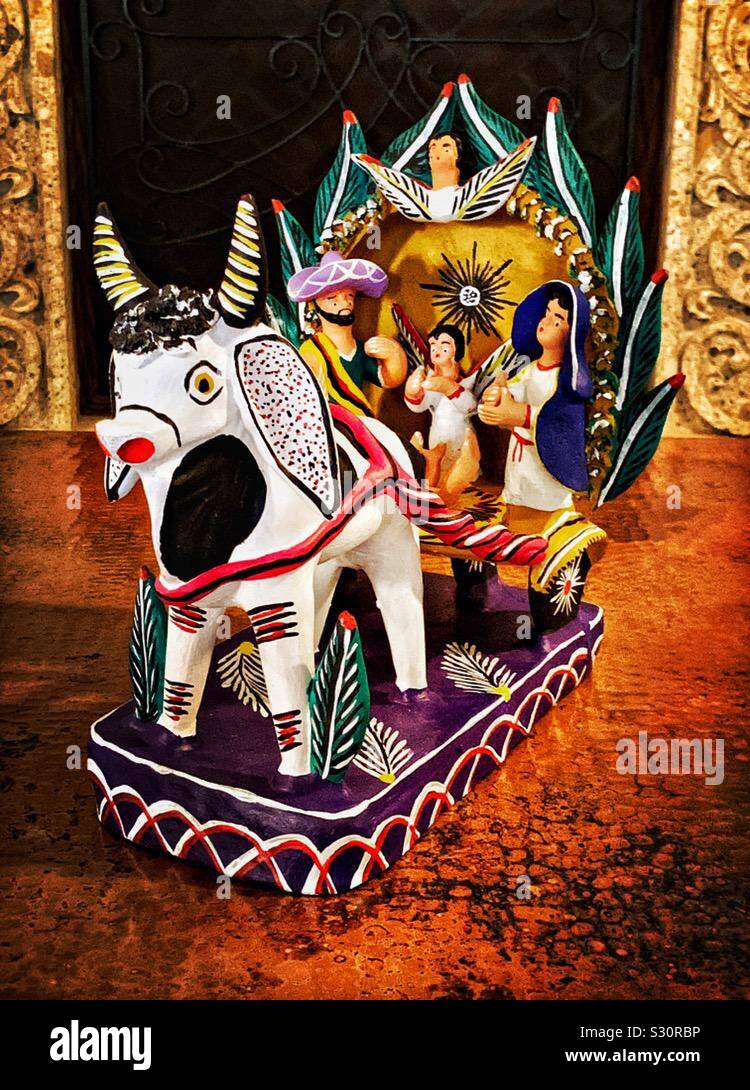 Handmade nativity scene decoration from Michoacan, México. Stock Photo