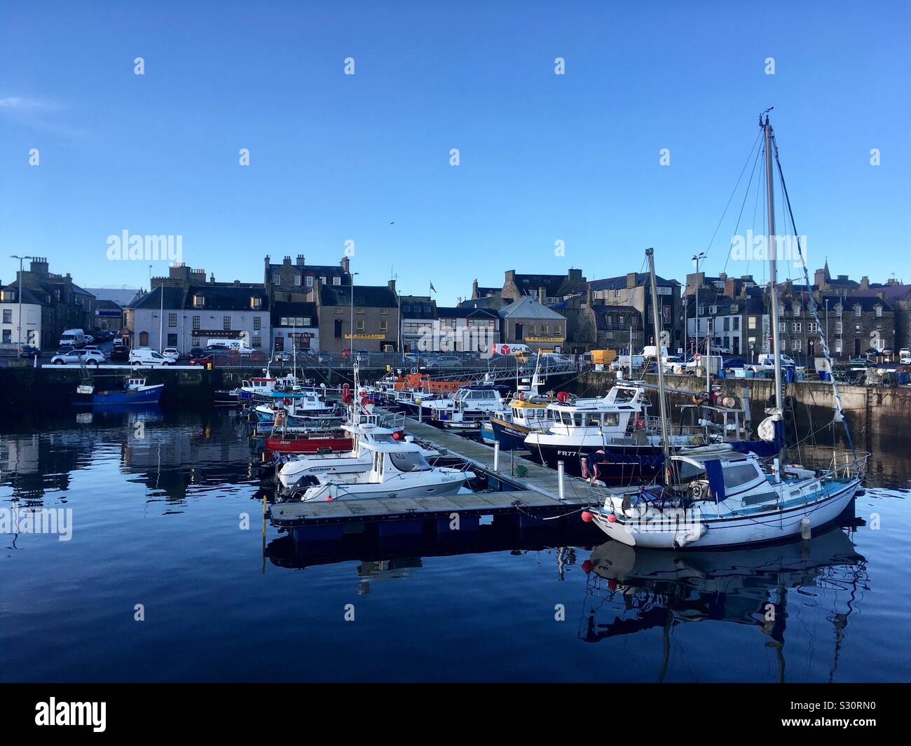 Boats moored in Fraserburgh Harbour, Scotland Stock Photo