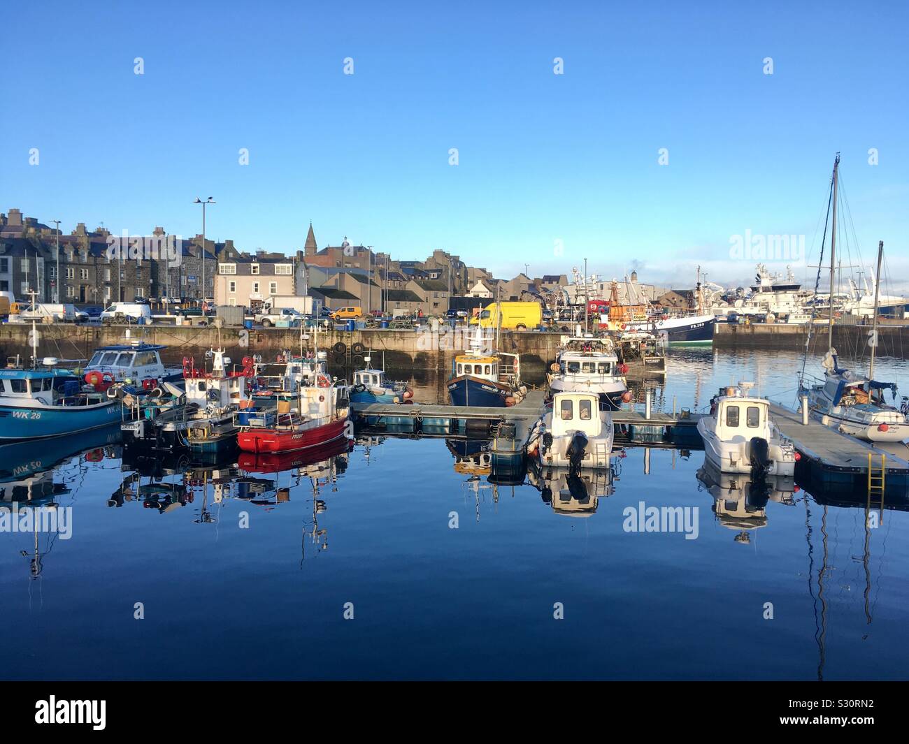 Fishing Boats moored in Fraserburgh Harbour, Scotland Stock Photo