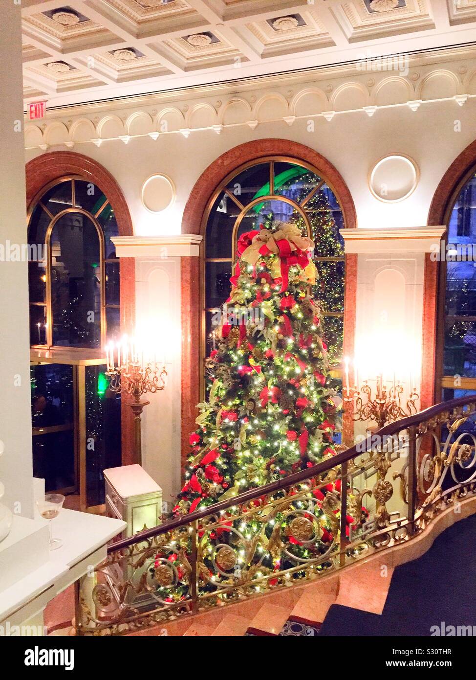 The Lotte palace hotel lobby features brightly decorated Christmas