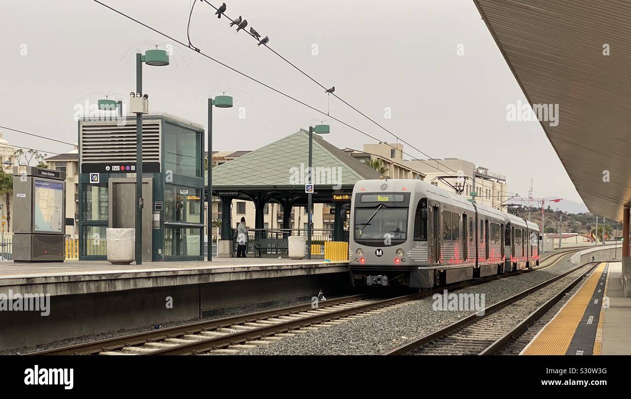 LOS ANGELES, CA, NOV 2019: Gold Line train on the LA Metro at Union Station in Downtown, overcast day - Smartphone Captured Stock Image