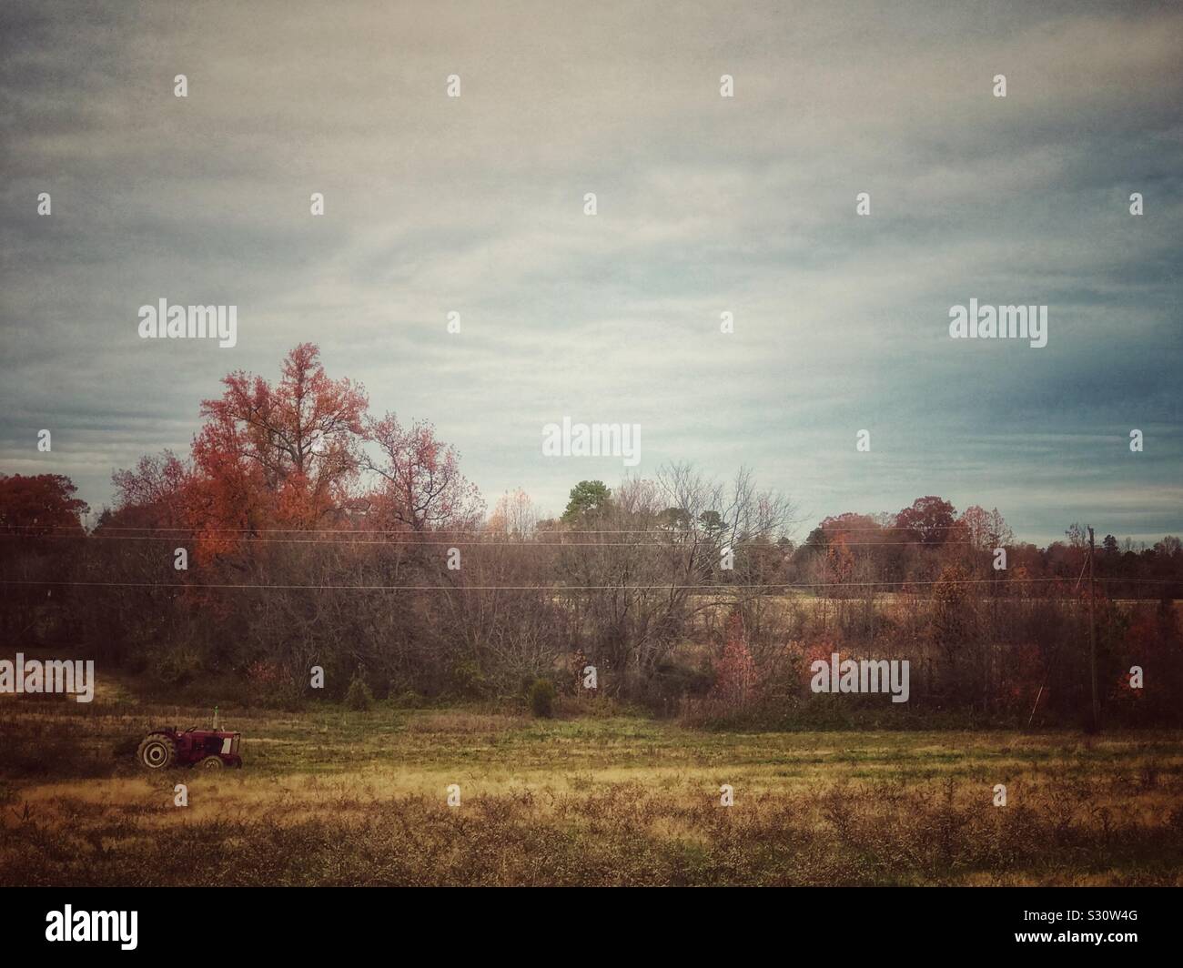 Autumn farm field and woods with red tractor Stock Photo - Alamy