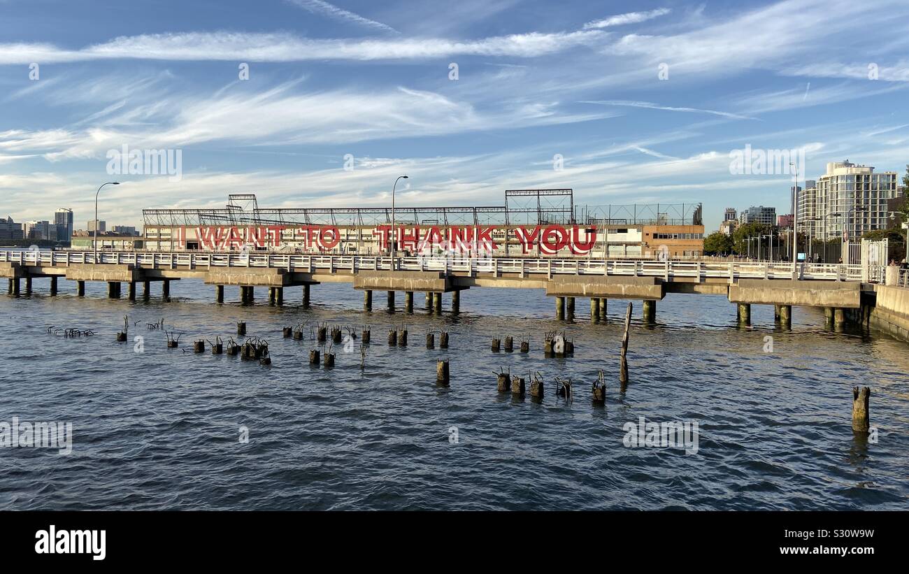 I want to thank you street art, mural, pier, Hudson River, Manhattan, New York City, USA Stock Photo