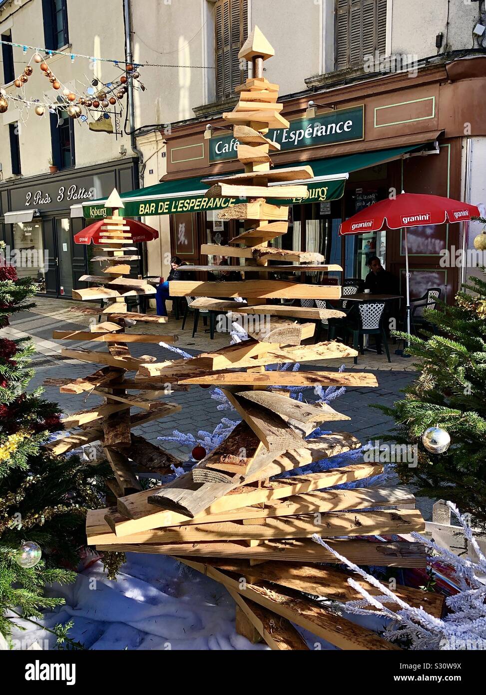 Christmas trees made from scrap wood - Châtellerault, Vienne, France. - Smartphone Captured Stock Image
