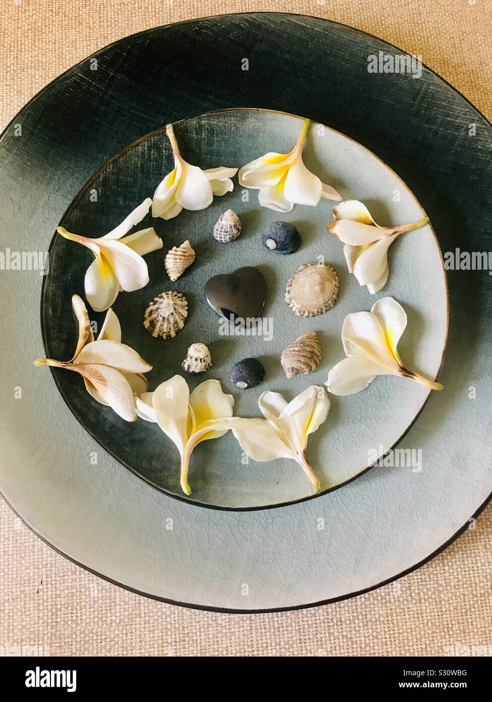 Mandala on a grey/ blue plate with Frangipani flower heads - shells and a hematite heart. Stock Photo